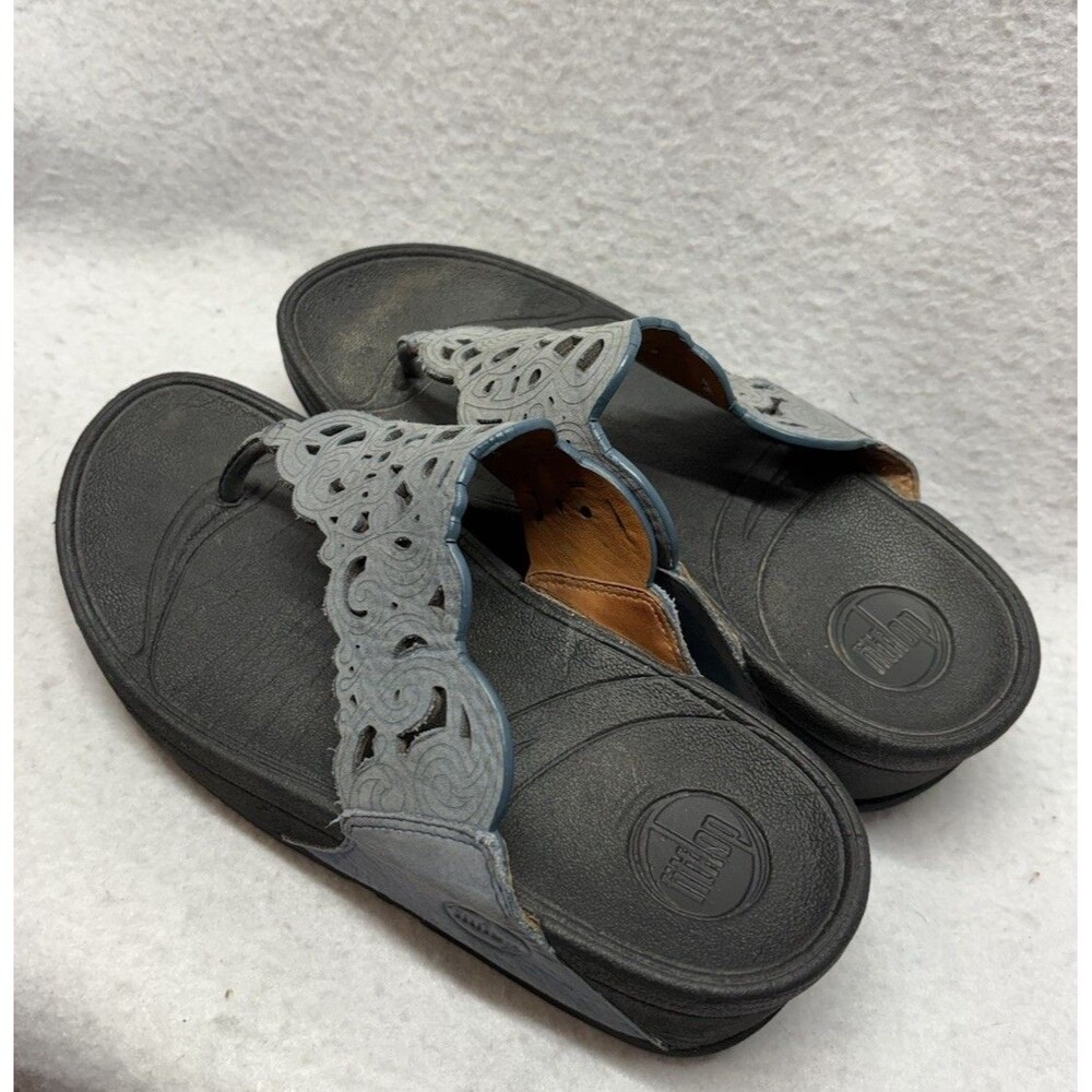 FitFlop Blue Lattice Leather Flip Flops Shoes Womens Size 5 Black Wedge Sandals